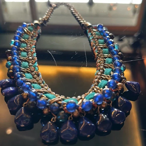 NWT Faux Sapphire , American diamond and metallic bead necklace with earrings! - Picture 6 of 11